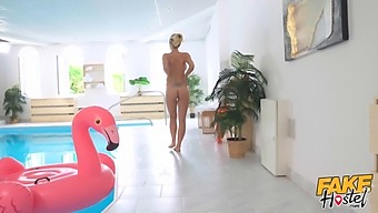 Nathaly Cherie, A Milf With Impressive Breasts, Engages In Anal Sex With A Well-Endowed Man By The Pool In A Staged Hotel Setting.